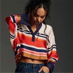 Maeve by Anthropologie Striped Satiny Long Sleeve V-Neck Cropped Top-Size L
